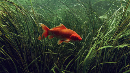Orange goldfish swimming calmly through lush aquatic grassesの素材
