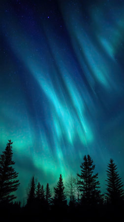 Tall green aurora curtains flowing above silhouetted conifer treesの素材