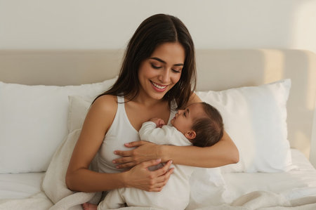 Young mother feeding newborn baby in bedの素材
