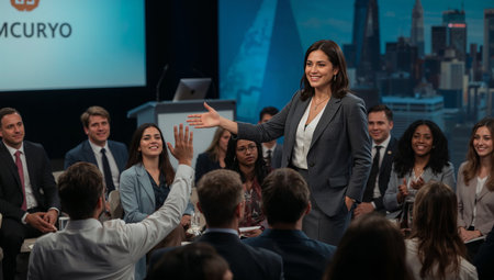 Confident speaker presenting to engaged audienceの素材