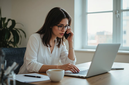 Businesswoman talking on phone while workingの素材