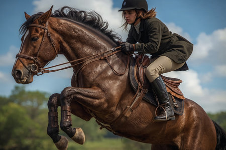 Skilled rider jumping with powerful horseの素材