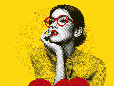 Pop art yellow portrait of thoughtful woman with glassesの素材