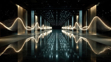 Futuristic reflective tunnel with flowing light ribbonsの素材