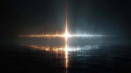 City lights reflected on water with distant bright flareの素材