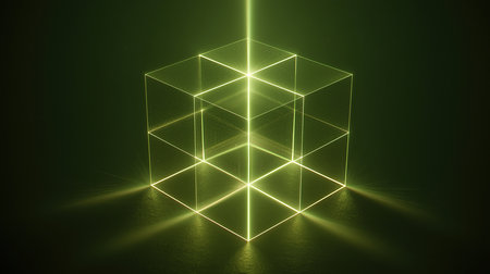 Neon green cubic grid glowing in dark spaceの素材