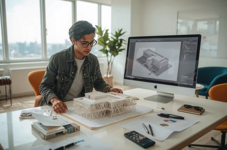 Architect reviewing scale model and digital renderings at deskの素材