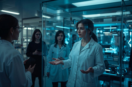 Medical researchers discussing results in laboratory settingの素材