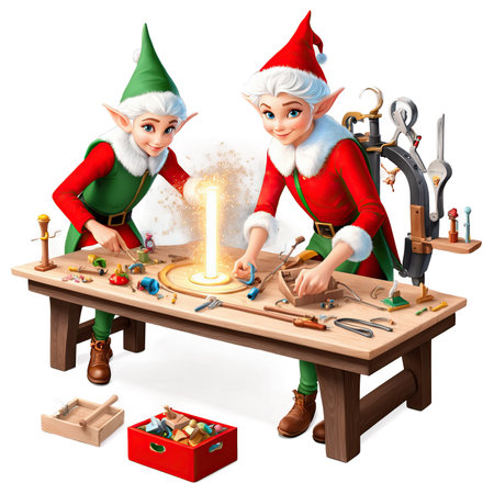 Two Christmas elves crafting toys at a wooden workbenchの素材
