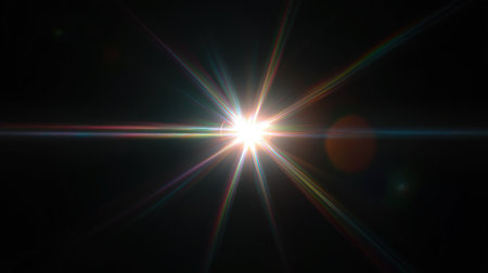 Symmetrical bright starburst centered on black backgroundの素材