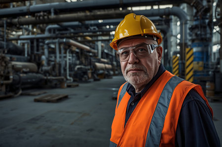 Serious older man in hard hat and safety vest stands confidently in a complex industrial pipe systemの素材