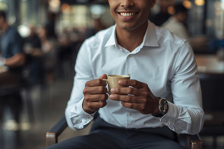 Handsome man in white shirt sips coffee while sitting comfortably in a modern cafe environmentの素材