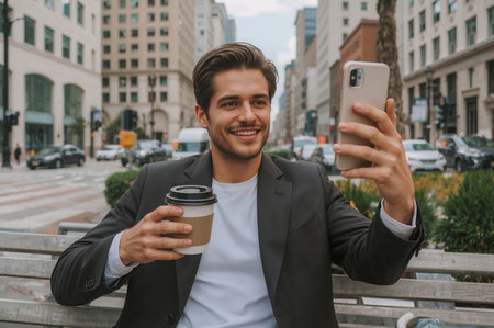 Cheerful young businessman using mobile phone while having coffee in the cityの素材