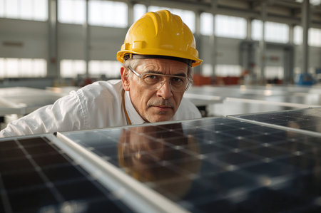 Technician inspecting solar module on production lineの素材