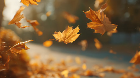 Scattered autumn leaves on a sunlit park pathの素材