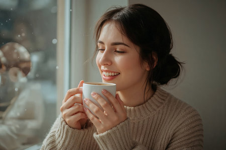 Woman enjoying a warm cup of tea by the windowの素材