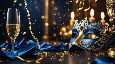 Masks and glasses of champagne on the background of the carnival.の素材