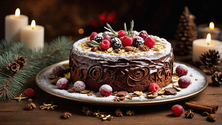 Christmas cake with berries, chocolate and nuts on a wooden background.の素材