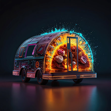 3D rendering of a truck with an open door and fire insideの素材
