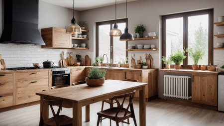interior of modern kitchen with wooden chairs and table in scandinavian styleの素材
