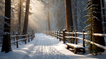 Wooden fence in winter forest with snow covered trees and sunlight.の素材