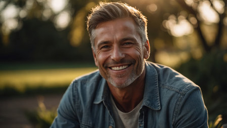 Portrait of handsome mature man smiling at camera while sitting in parkの素材