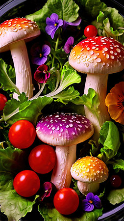 Vertical collage of assorted wild berries and mushroomsの素材