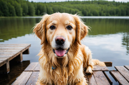 Happy golden retriever sitting on peaceful lakeside dockの素材