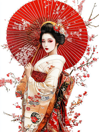 Standing geisha in patterned kimono with umbrellaの素材