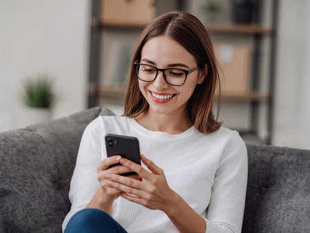 Smiling woman sitting on sofa reading smartphone messageの素材