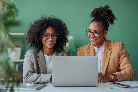 Two businesswomen using laptop together, discussing projectの素材