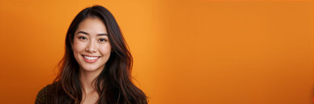 Young woman with orange background smiling, warm portraitの素材