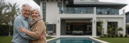 Elderly couple hugging outside suburban home smiling warmlyの素材