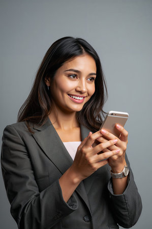 Portrait of smiling businesswoman holding a phoneの素材