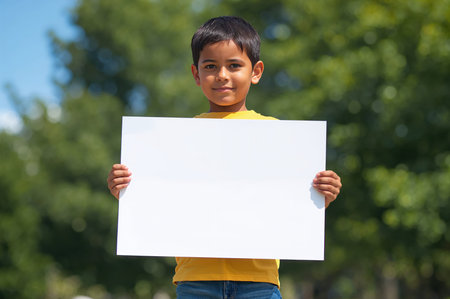 Child holding blank white sign outside in parkの素材