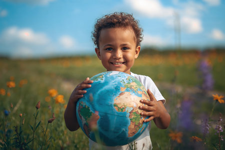 Child holding globe in wildflower meadow smilingの素材