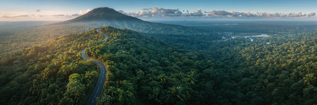 Aerial valley road winding through lush tropical foothillsの素材