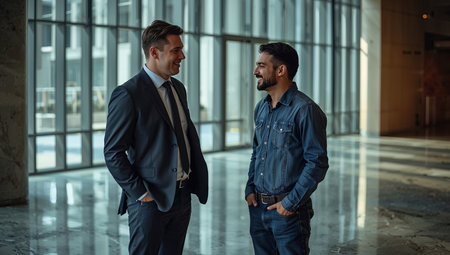 Two businessmen conversing in modern lobbyの素材