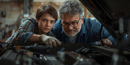 Father teaching son about car engineの素材