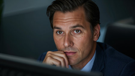 Man looking thoughtfully at computer screen in officeの素材
