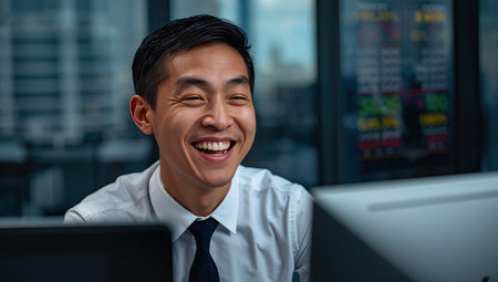 Happy businessman smiling while working at computerの素材