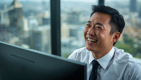 Businessman smiling while working at computer screenの素材