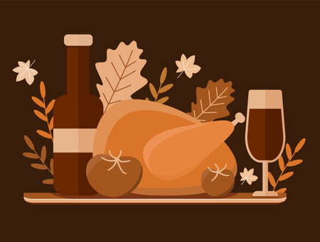 Vector illustration of a big banquet table with drinks and eating fruit. Festive holiday dinner. Christmas table. flat style. Table for Thanksgiving Day. epsのイラスト素材