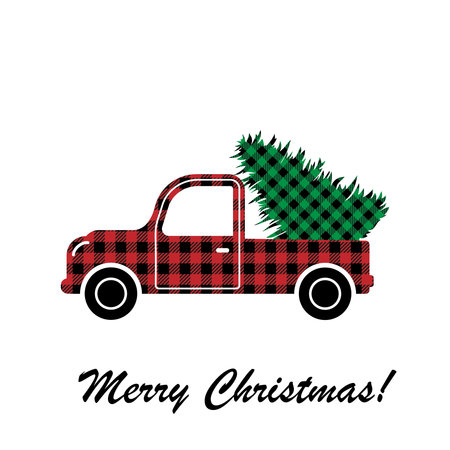 Convertible with Christmas tree pattern at Buffalo Plaid. Festive background for design and printのイラスト素材