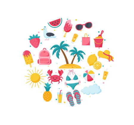 Summer beach set with many icons. cartoon vector illustration. EPS 10のイラスト素材