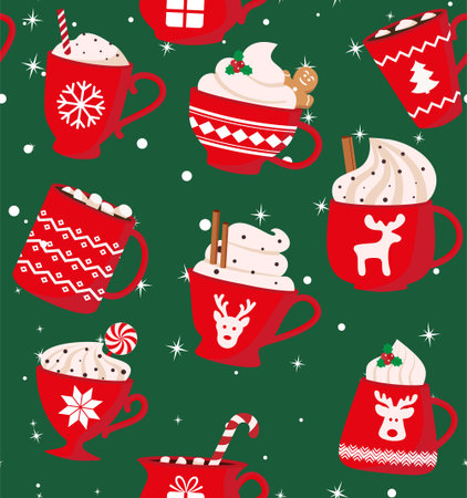 Seamless pattern. Red cup with a hot drink. Christmas cute card. vector illustration. Eps 10のイラスト素材