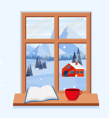 Window with a winter landscape. Christmas beautiful postcard.のイラスト素材