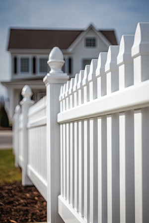 A fragment of a white vinyl fence. Fencing of the house territory Copy space created with Generative AI technologyの素材