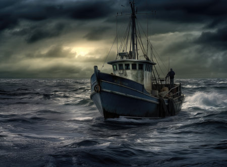 Trawler fishing boat sailing in open waters.の素材