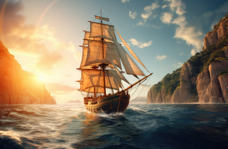 Sailboat in the sea in the evening sunlight over beautiful big mountains background, luxury summer adventure, active vacation in Mediterranean sea, Turkey.の素材
